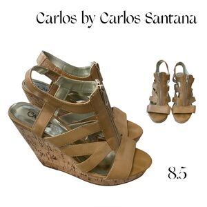Carlos by Carlos Santana Tan Strappy Cork Wedges 5” heel zipper closure 8.5